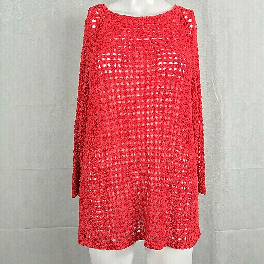 Chico’s Sweater Womens Sz‎ 0 Small  Red Open Knit Crochet Pullover Tunic Sweater